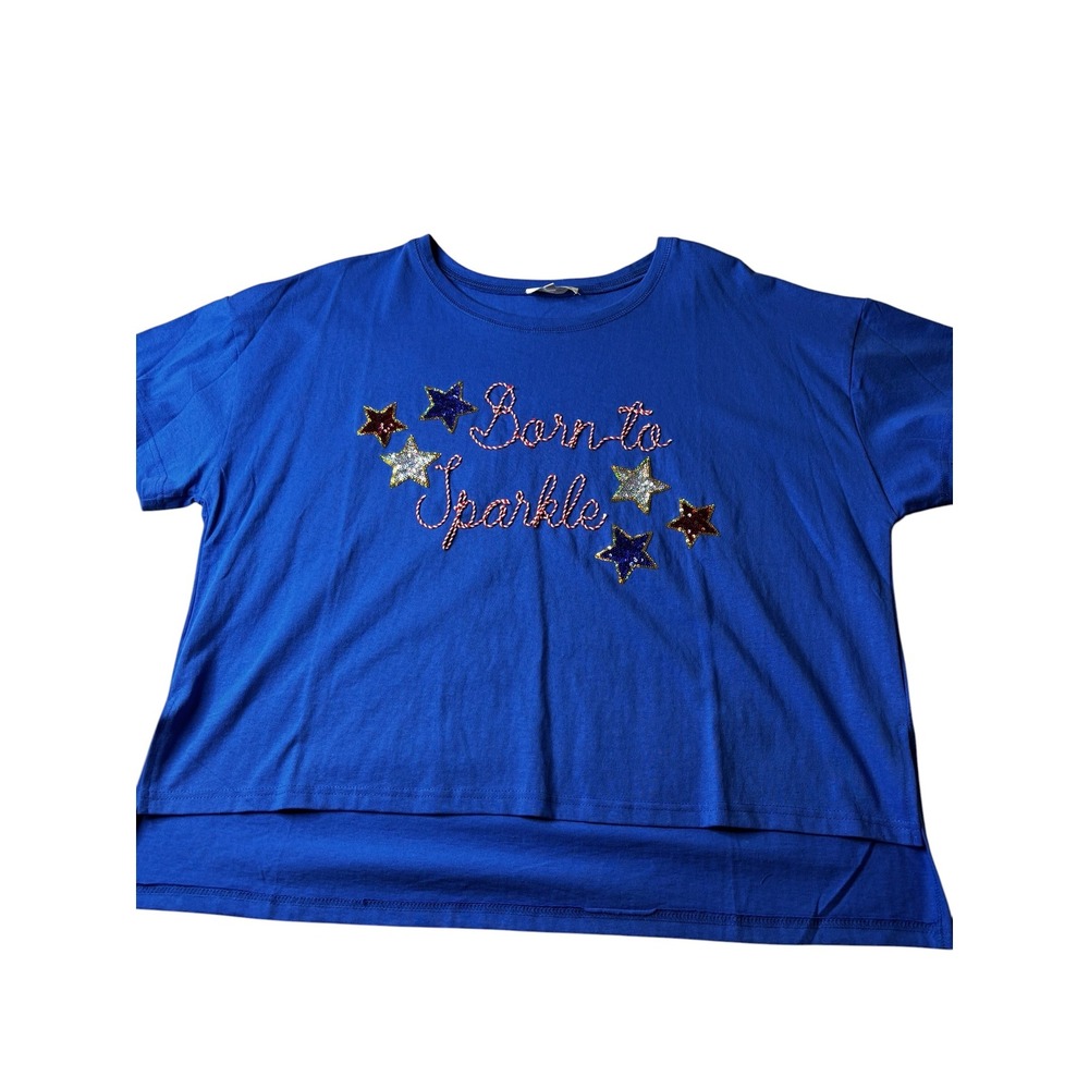 Peach Love California Born to Sparkle Star Sequin Blue Tee Shirt Large Patriotic